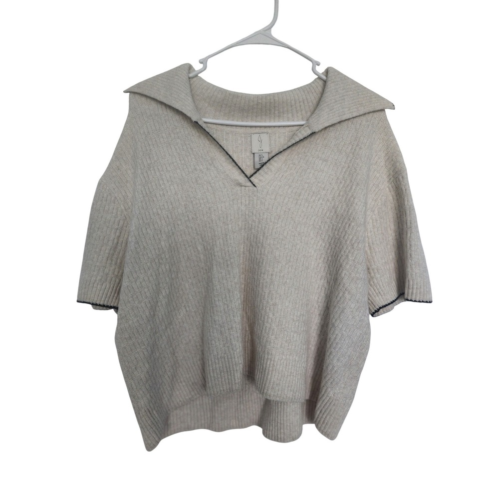 Joie Women Cream Textured Knit Short Sleeve Polo Sweater Contrast Trim Large